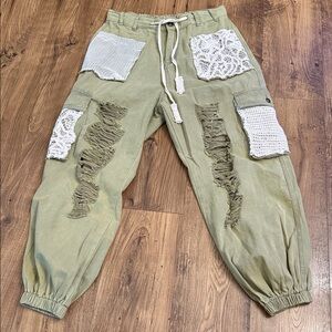 POL Olive Green Cargo Pants with Crochet Patches & Distressing